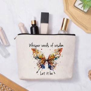Linen-look cosmetic bag with colorful butterfly prints and silver metal zipper closure