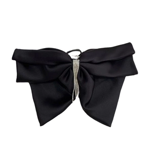 Pince à cheveux nœud en satin noir de style français avec pompons strass étincelants