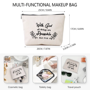 Linen travel makeup bag with Bible verse print and dimensions 25x17x5.5cm