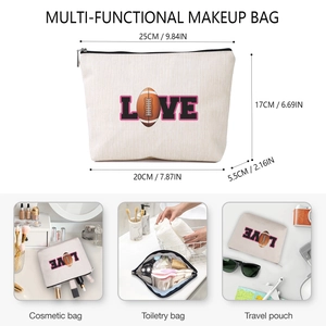 Linen texture makeup bag with rugby LOVE print and top zipper for travel storage