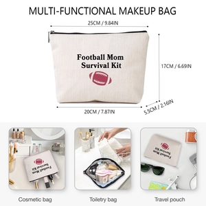 Linen football mom survival kit cosmetic bag with dimensions and product use details
