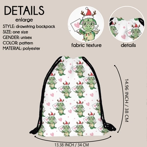 Polyester drawstring backpack with Christmas dinosaur pattern and sizing details