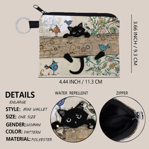 Detail showing water repellent polyester material and dimensions of cat coin purse