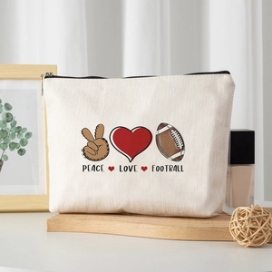 Borsa cosmetica in finto lino con stampa Peace Love Football su vassoio legno