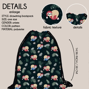 Detailed dimensions and polyester fabric texture of the sloth Christmas drawstring bag