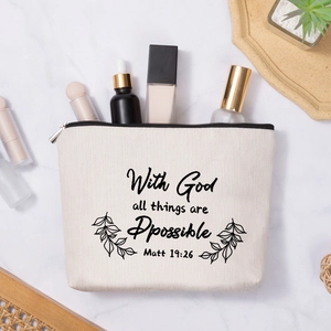 Linen pouch with inspirational quote and floral print on white marble background