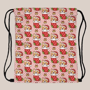 Christmas Corgi Pattern Drawstring Backpack For Women Pink Polyester Portable Storage Travel Cinch Sack Bag Holiday Gift