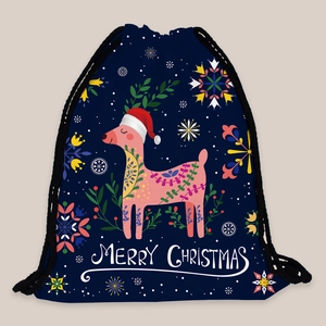 Christmas alpaca drawstring backpack in navy blue with ethnic floral reindeer prints