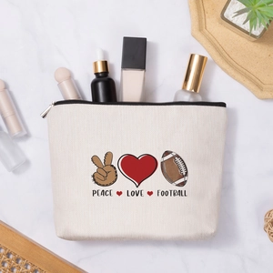 Borsa per cosmetici in finto lino con stampa Peace Love Football e chiusura con zip argento