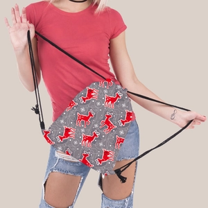 Christmas reindeer drawstring backpack for women with snowflakes in a dark gray festive style