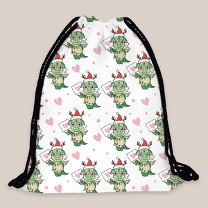 Portable Christmas dinosaur pattern drawstring backpack with white fabric and green cartoon