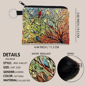 Waterproof polyester mini bird print coin purse with a keychain ring for women