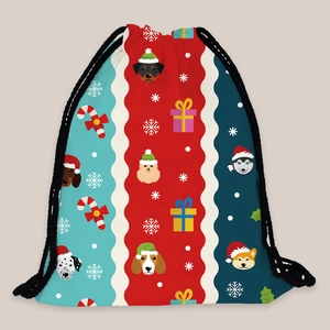 Festive Christmas drawstring backpack with colorful dog patterns and snowflake prints