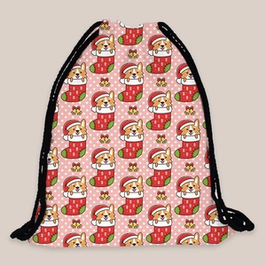 Pink Christmas Corgi drawstring backpack with festive holiday patterns and polka dots