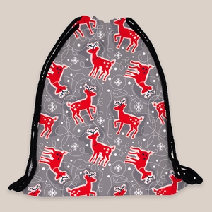 Christmas reindeer drawstring backpack with grey polyester base and white snowflake patterns