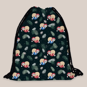 Christmas sloth pattern drawstring backpack made of lightweight polyester fabric for travel