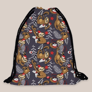 Christmas sloth pattern drawstring backpack with festive gift and pine tree prints