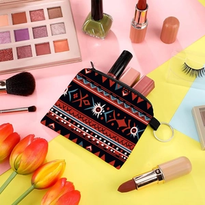 Detail showing Aztec print coin purse with zipper closure and lipsticks inside for storage