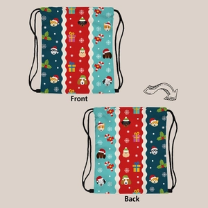 Front and back views of a drawstring bag featuring Christmas dogs on polyester fabric