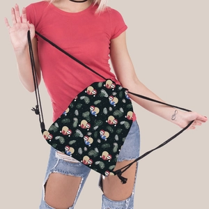 Women's black drawstring backpack featuring festive Christmas sloths and pine branch patterns