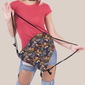 Christmas drawstring backpack with cartoon sloth print and durable black ropes