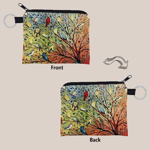 Front and back detail of bird print coin purse with zipper and metal keychain ring