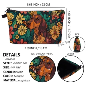Waterproof polyester dachshund floral makeup bag with metal zipper and size details