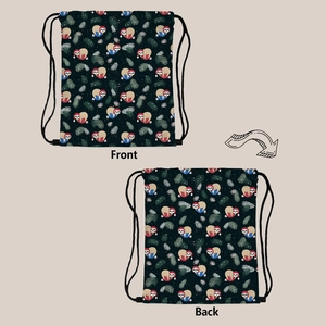 Front and back detail of drawstring bag with Christmas sloth pattern and festive elements