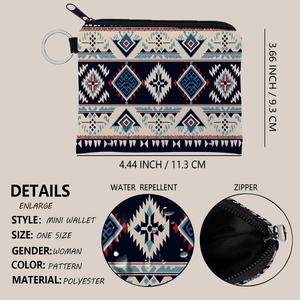 Aztec print mini coin purse with keychain and waterproof polyester fabric for women