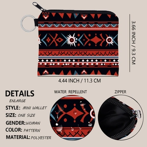 Aztec print mini coin purse with keychain and water repellent polyester fabric