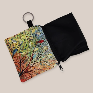 Artistic bird illustration coin purse with zipper and metal keychain for women gift