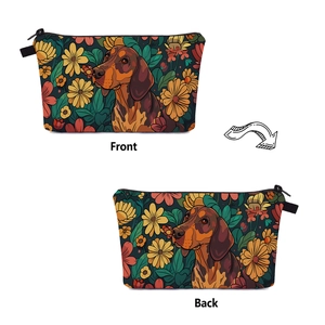 Front and back view of dachshund floral print makeup bag with durable zipper closure