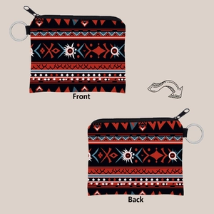 Front and back detail of Aztec print coin purse with zipper and metal keychain