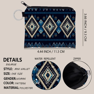 Aztec print mini wallet with metal zipper and keychain made of waterproof polyester