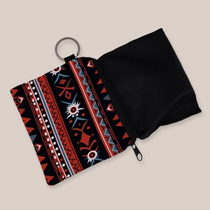Aztec print coin purse with ethnic geometric patterns and keychain ring for women