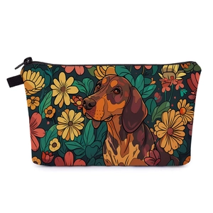 Floral dachshund print cosmetic bag with vintage pattern and secure top zipper closure