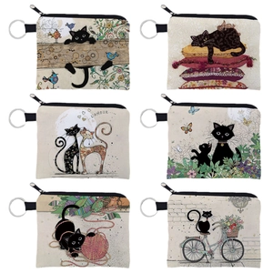 Cute canvas cat print coin purses with zipper and metal keychain rings for women