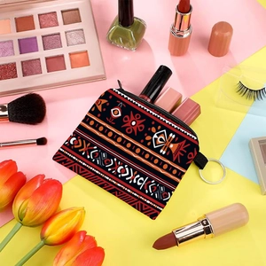 Detailed top view of Aztec print coin purse with tribal patterns and cosmetics accessories