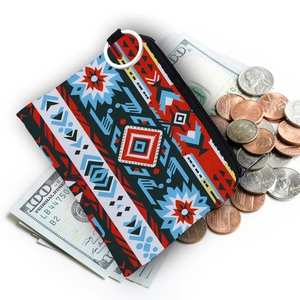 Detail view of the ethnic Aztec pattern coin purse with a durable silver metal ring pull