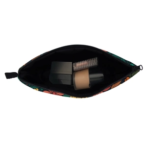 Top view of dachshund floral print cosmetic bag showing spacious interior and black lining