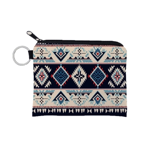 Aztec patterned canvas coin purse with metal keychain ring for women and girls