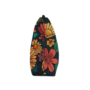 Close-up of durable digital printed floral makeup bag with secure zipper closure