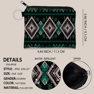 Aztec print mini coin purse with geometric patterns and keychain ring for women