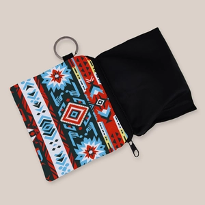 Aztec print canvas coin purse with zipper and metal keychain ring for women