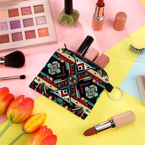 Detail showing an Aztec print coin purse used as a lipstick holder with a metal keychain