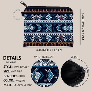 Aztec print mini coin purse with waterproof polyester fabric and key ring clip