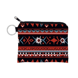 Aztec tribal geometric pattern coin purse with silver keychain and zipper closure