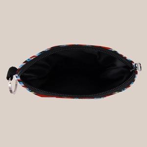 Aztec print coin purse with keychain hook featuring colorful geometric patterns