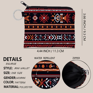 Aztec tribal print mini wallet with silver keychain ring and water repellent material