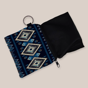 Aztec print square coin purse with geometric patterns and metal keychain ring